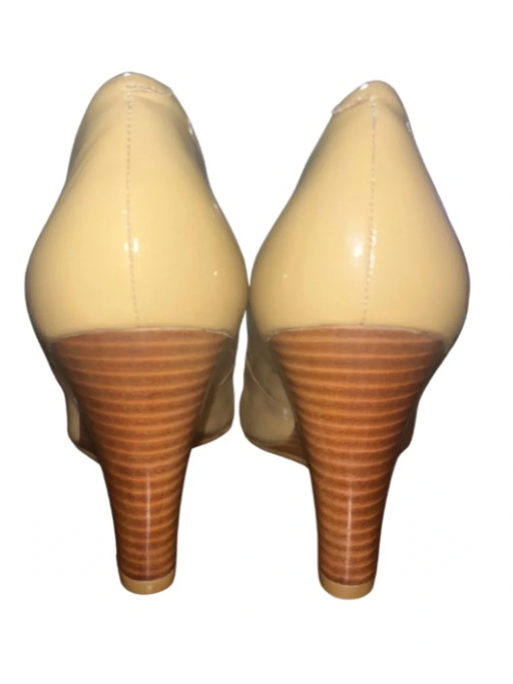 Coach Elora Patent Leather Peep Toe Wedge Heels - Tan Nude 11B LIKE NEW